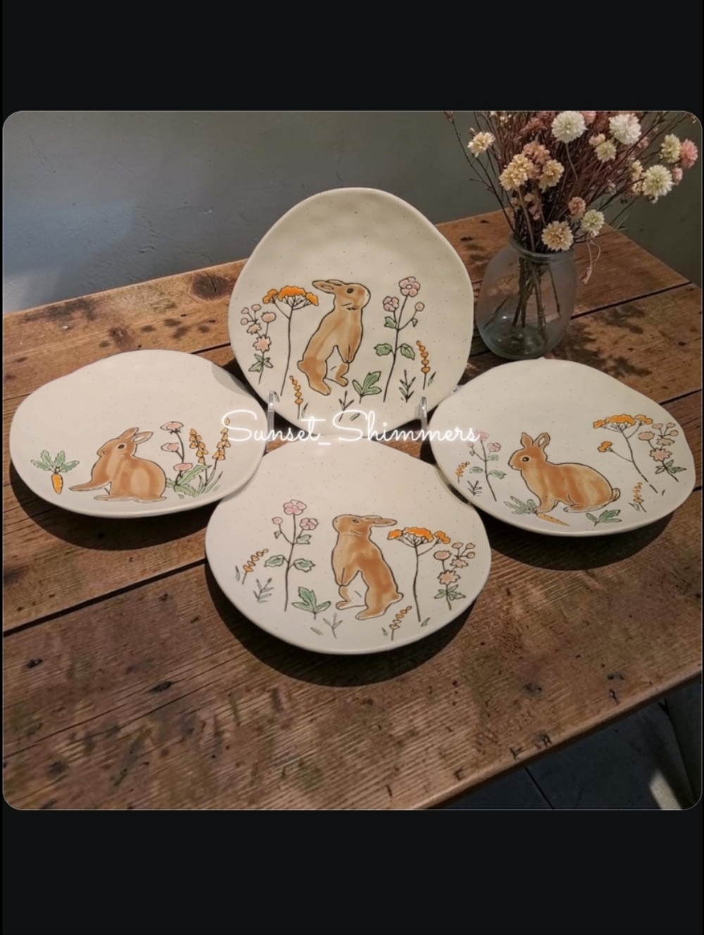 x4 Eli Ana Summer Franny Bunny Rabbit Etched Farmhouse App Dessert Plates Set 6"